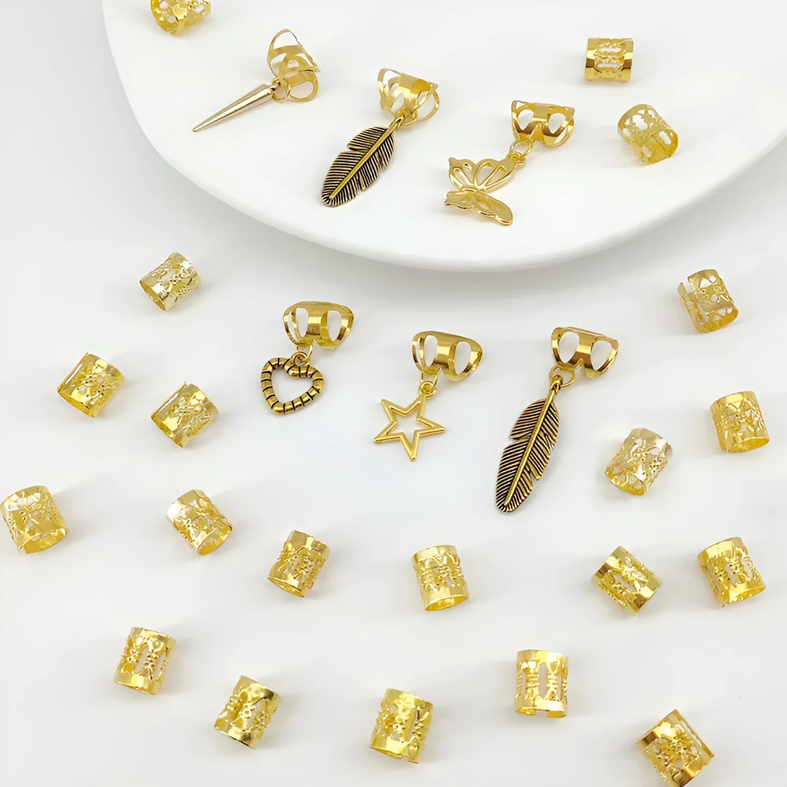 Pack of 26 antique-style trendy leaves dirty braid hair rings in gold or silver alloy.