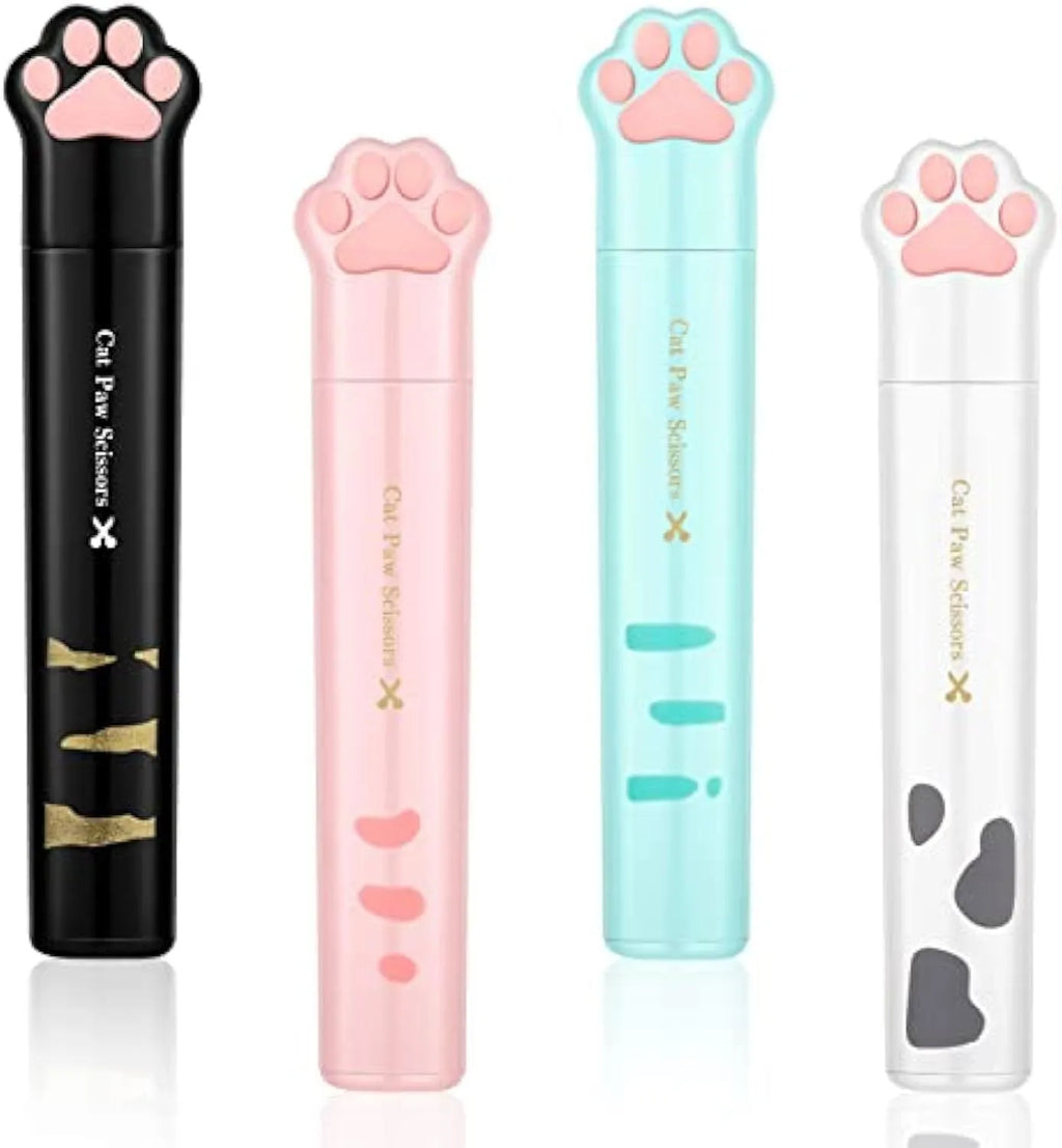 Cat paw design mini folding safety scissors in four colour options showing compact 8.7cm size