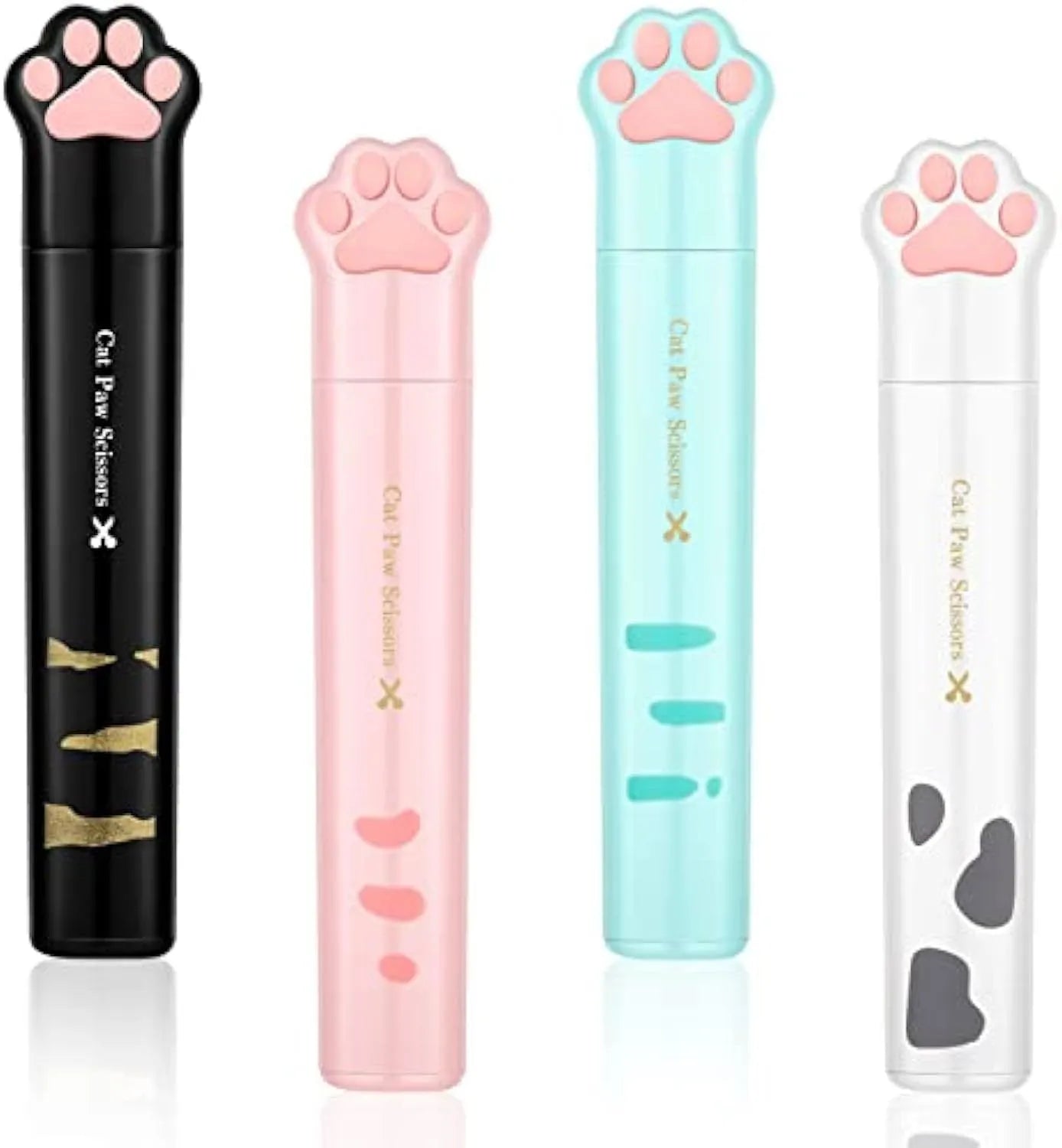 Cat paw design mini folding safety scissors in four colour options showing compact 8.7cm size