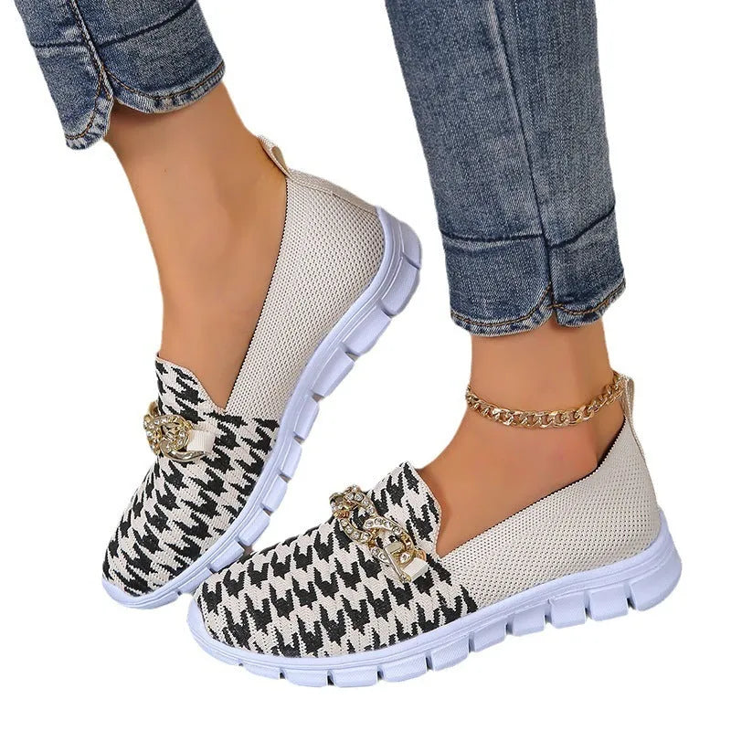 Casual houndstooth print chain mesh shoes for women, low heel, round toe, rubber sole