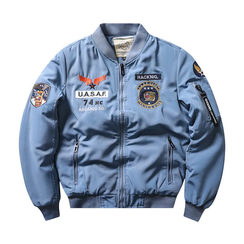 Men's slim-fit stand collar retro motorcycle cotton-padded coat in blue with embroidery and patch pockets.