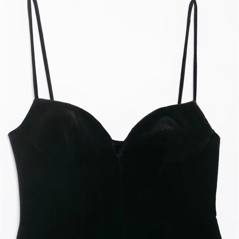 Women's flared hem thin strap short dress in black with stripe and grid pattern, hooded neckline, front view on model