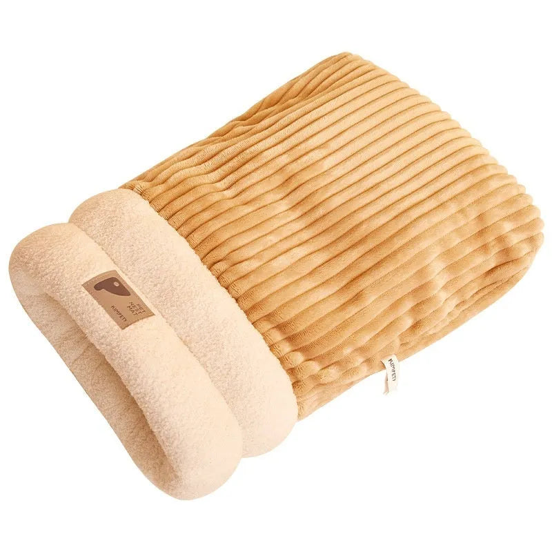 Brown semi-enclosed plush pet sleeping bag or cat nest bed on a wooden floor.