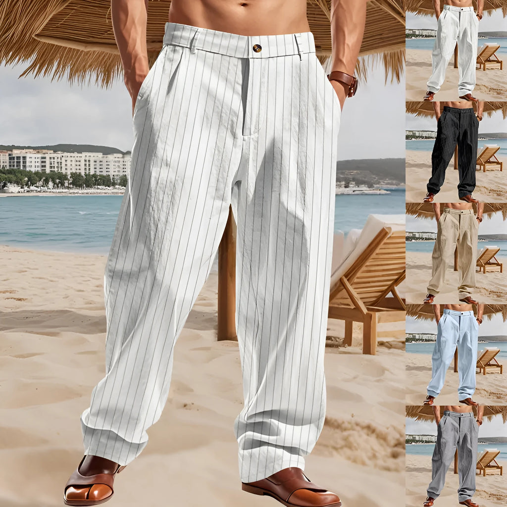 Men's linen striped high waist wide leg loose trousers in light khaki with button fly