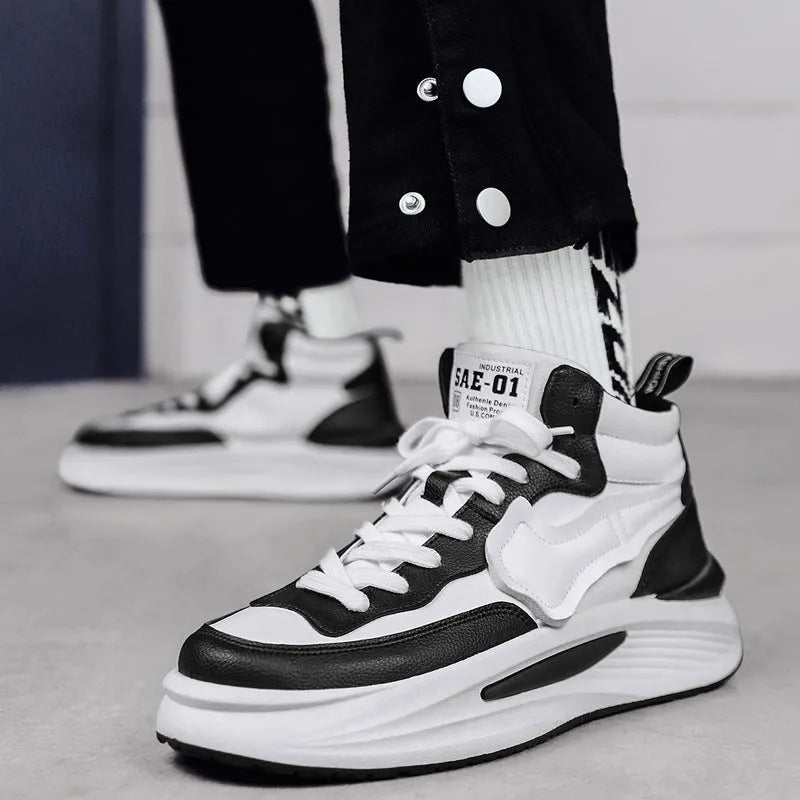 Men's black platform high-top shoes with round toe and artificial PU upper