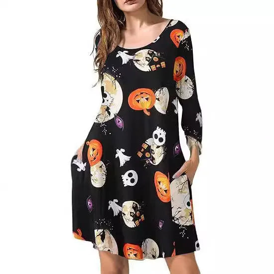 Women's printed T-shirt dress A-line midi pullover with 3D stereo pattern in Christmas Red colour