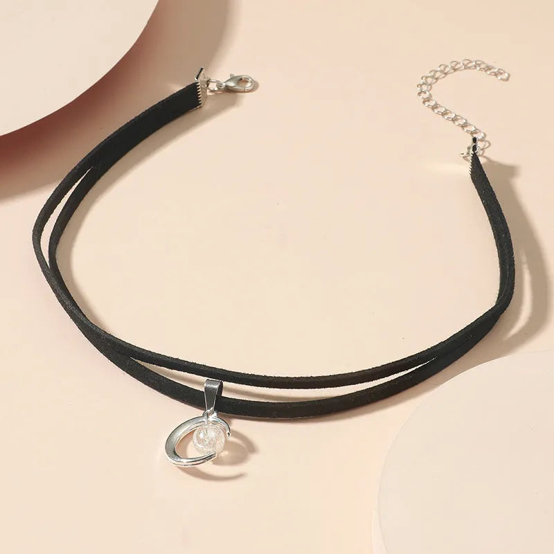 Korean style double-layer moon pendant necklace with acrylic beads and velvet chain for women
