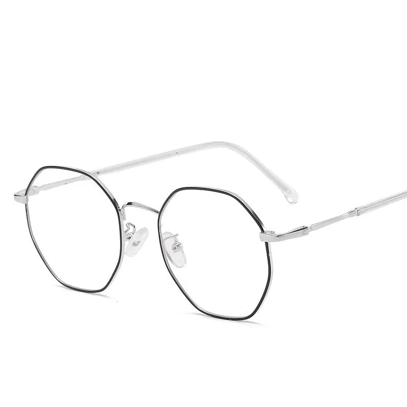 Irregular geometric anti-blue light glasses with metal alloy frame splicing, white flat lenses, and unisex full-frame design in black, gold, or silver.