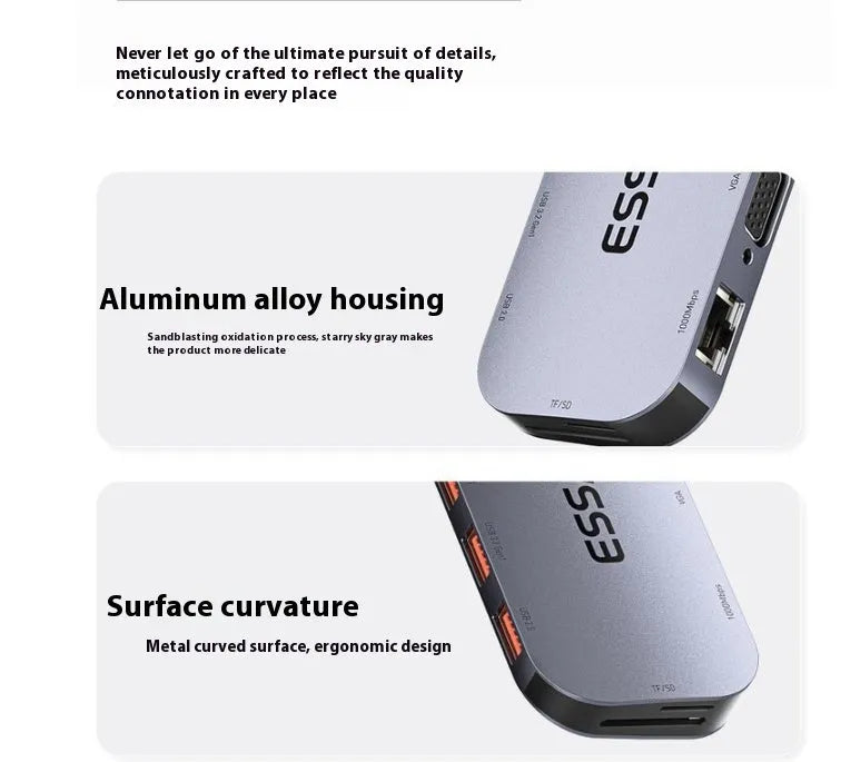 11-in-1 USB-C expansion hub showing multiple ports including Ethernet, HDMI, VGA, USB, and a card reader.