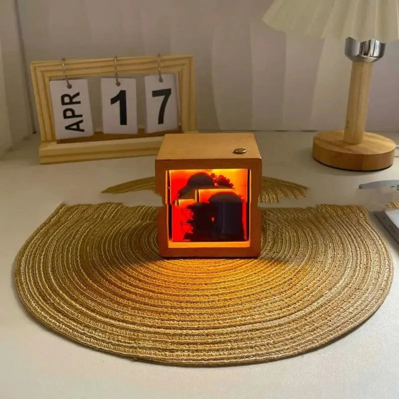 Customised flip book photo machine square ornament in wood finish with multiple photo cards and LED lights