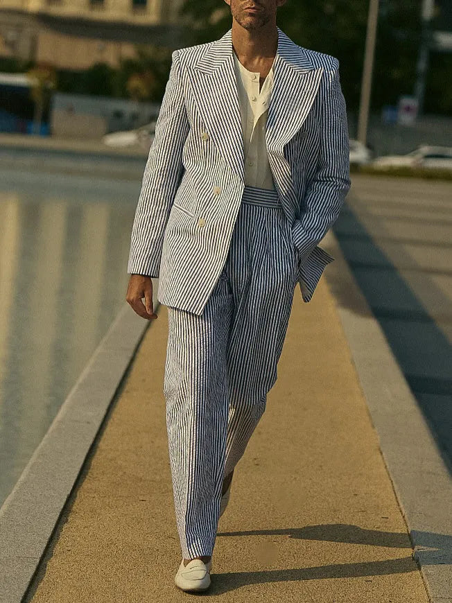 Men's blue and white striped polyester suit set with regular-fit blazer and trousers