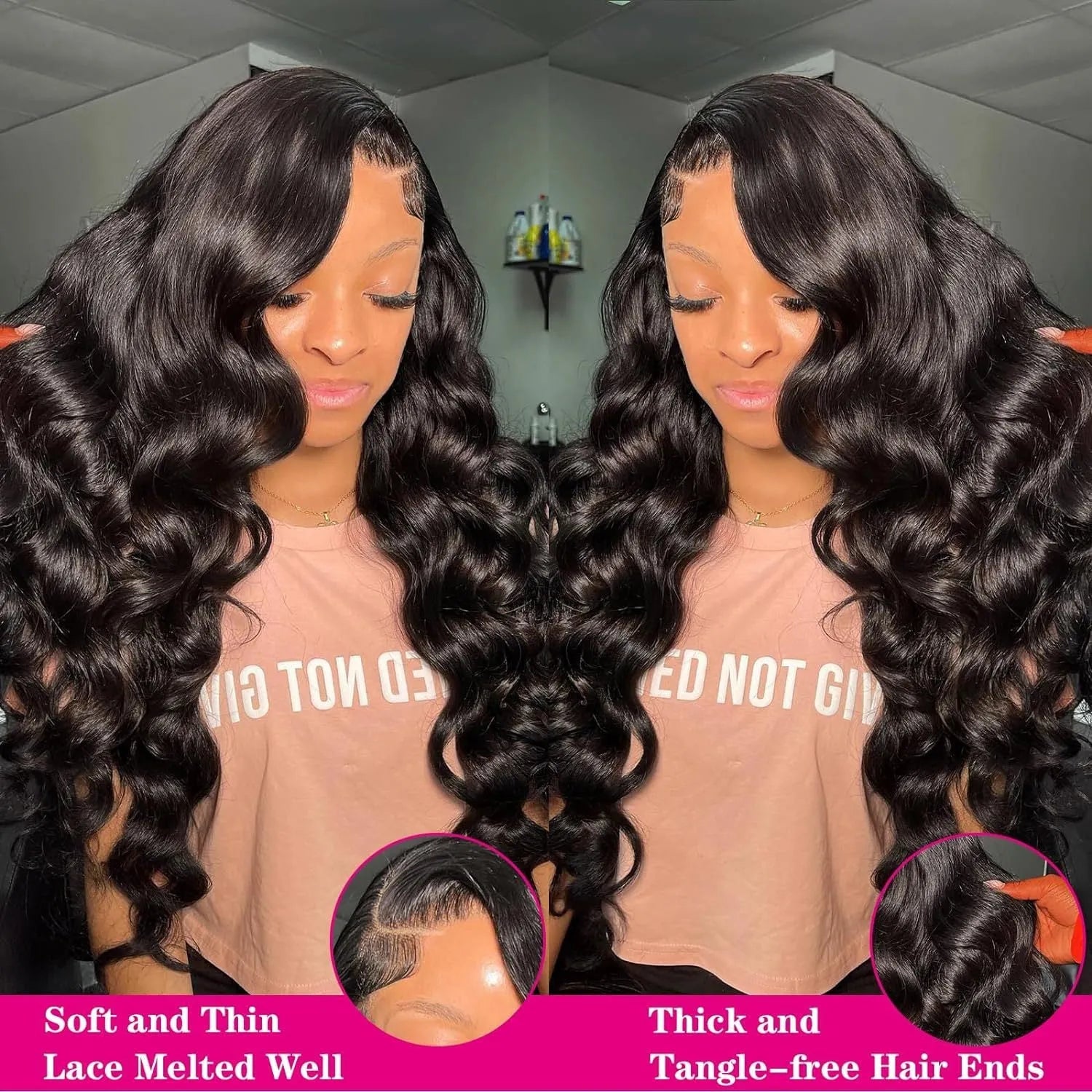 Black M1613 synthetic curly wig showing 22-inch length and natural wave pattern on a mannequin head