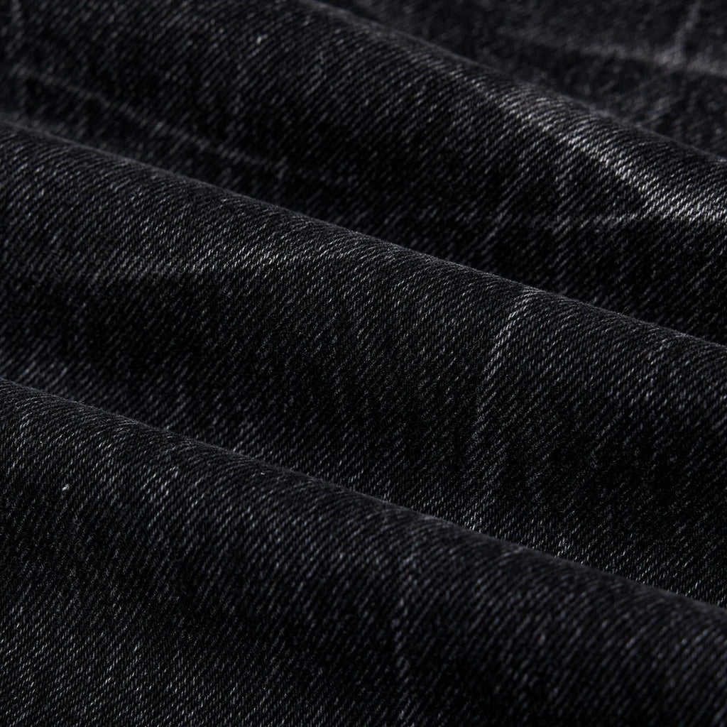 Black mens straight-leg jeans with American washed lightning crack detailing on cotton fabric