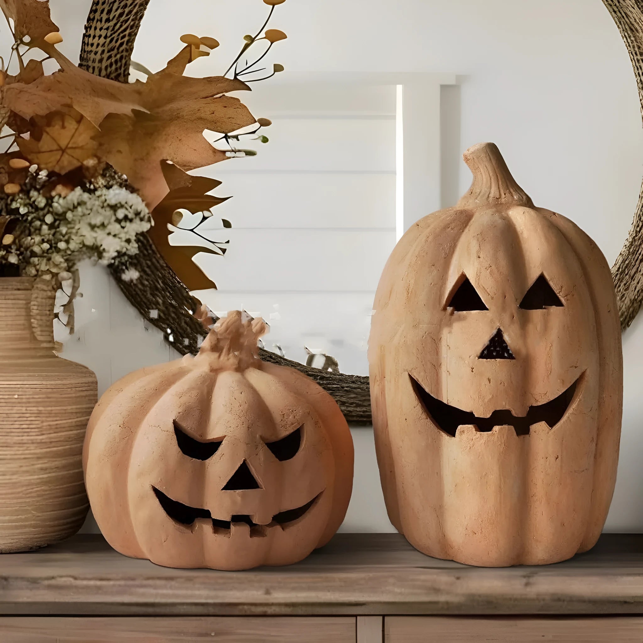Resin pumpkin lamp with light, 22cm height, modern simplicity style, synthetic resin construction, on a porch setting