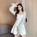 White chiffon patchwork waist-slimming dress with long sleeves and floor-length skirt