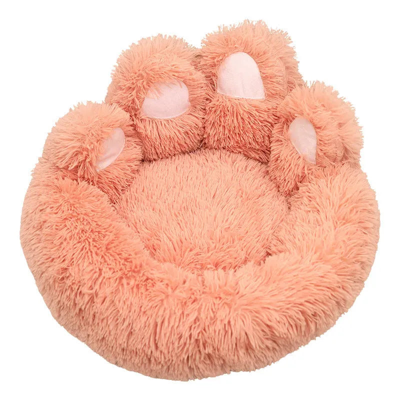 Plush kennel thickened pet bed in coffee colour with hand-shaped brush nest design on a white background