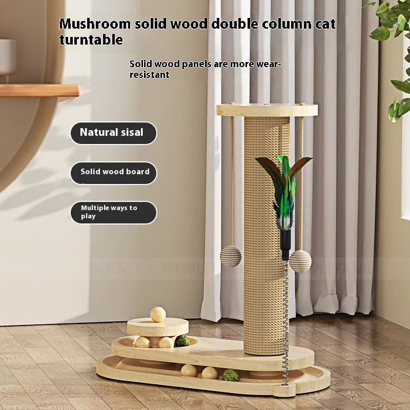 Solid wood cat scratching post with a rotating turntable, shown in a basic big flower style