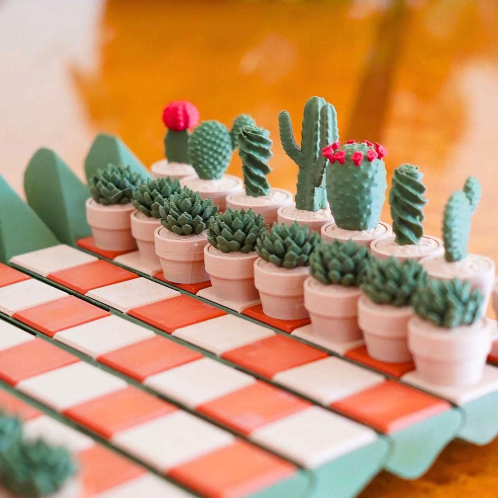 Magnetic cactus succulent theme chess set with 24 green 3D printed PLA pieces on a white background
