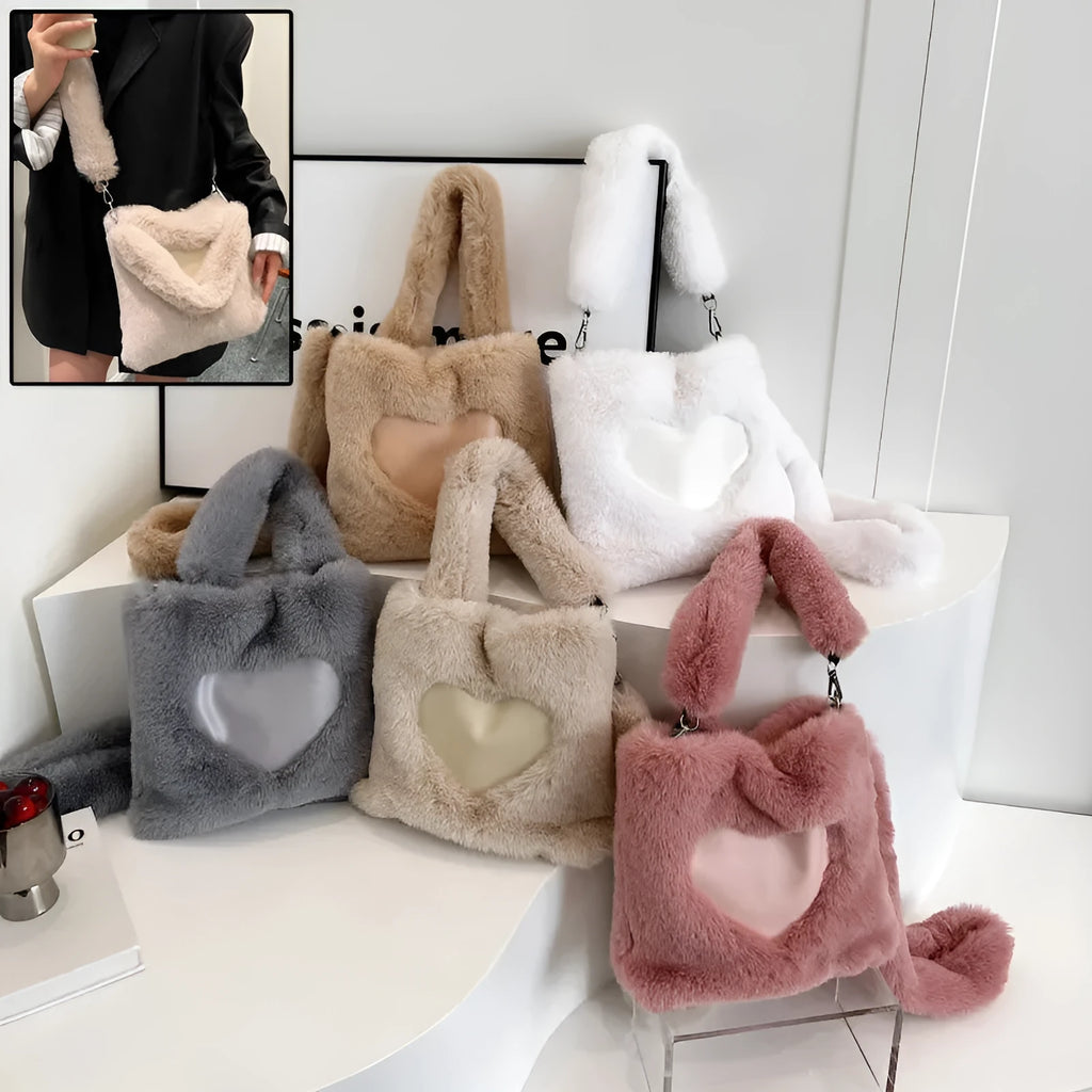 Women's fluffy plush shoulder bag in brown with detachable top handle and shoulder strap on a white background