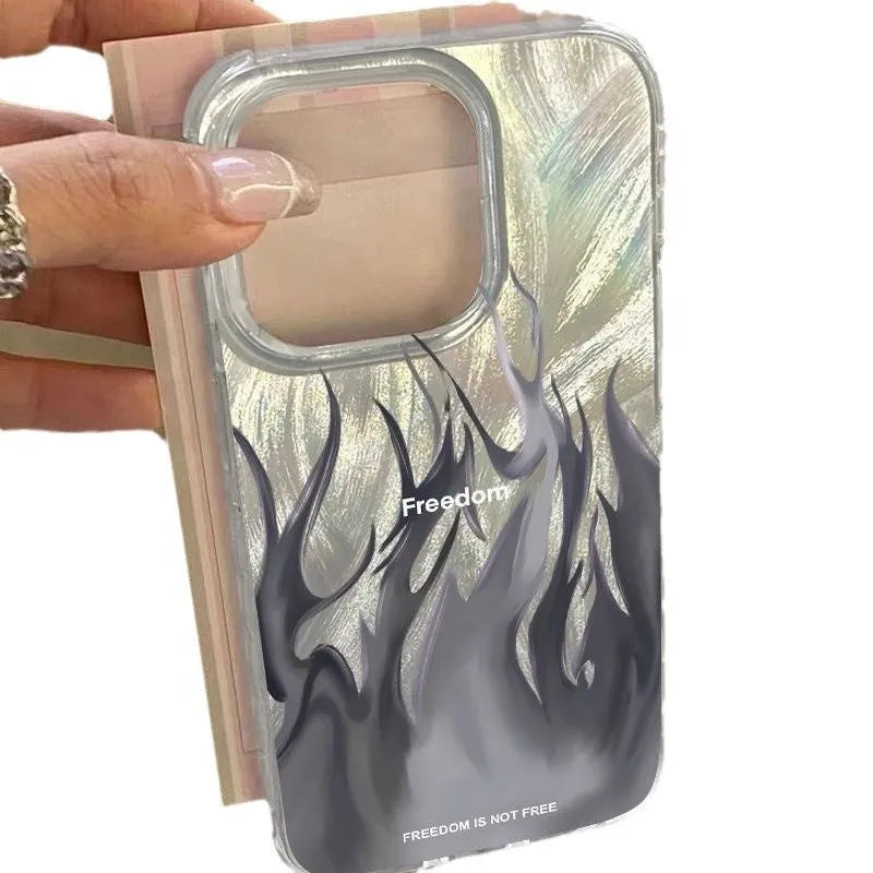 Colourful flame pattern silicone phone case for Apple iPhone, showing blue and red design variations.
