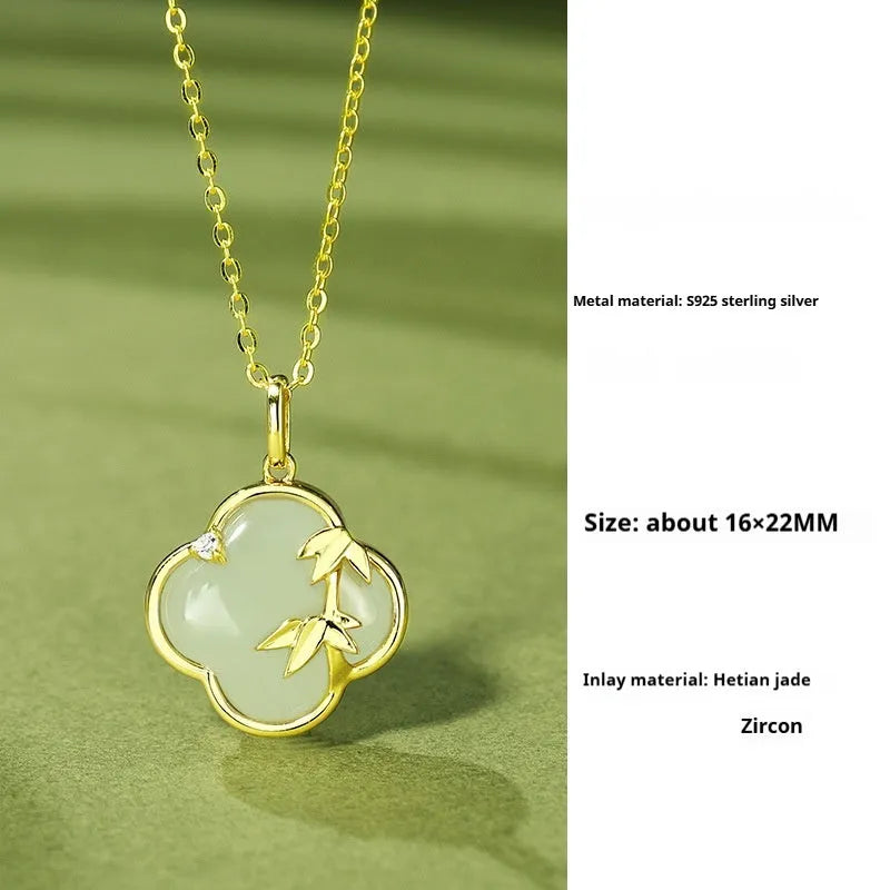 Hetian jade festival bracelet and necklace set with inlaid leaf design in national style