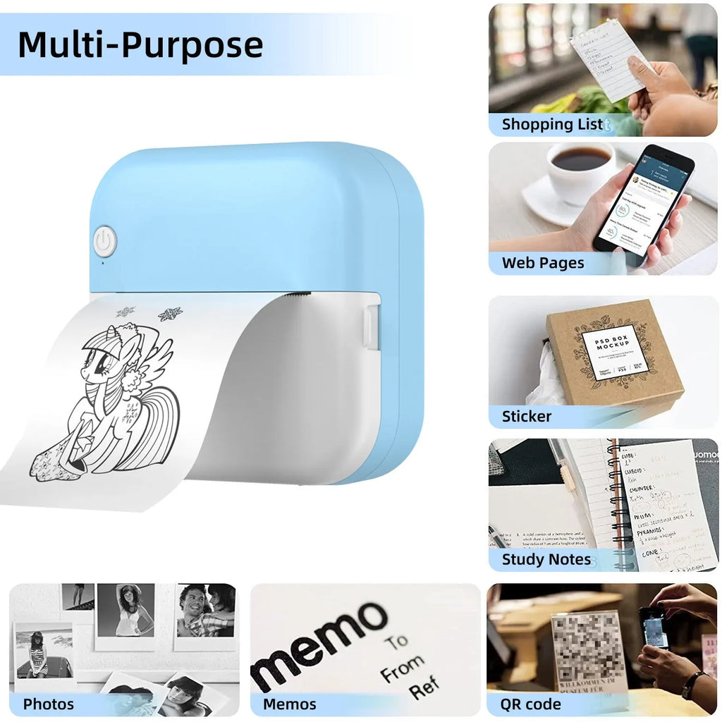 Student mini thermal label printer with USB cable, compact 12x9x4.6cm size, and included printing paper
