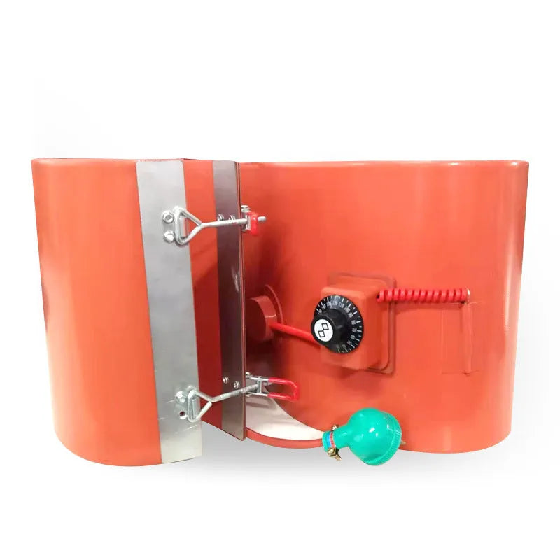 Silicone rubber heating belt wrapped around 200-litre oil drum with digital temperature controller
