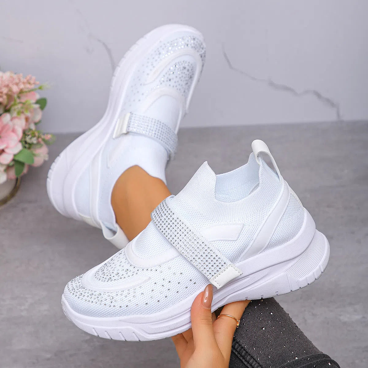 Women's slip-on breathable mesh wedge sneakers in pink with rhinestone accents and wedge heel