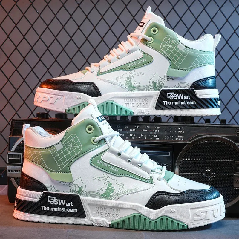 Men's casual high-top board shoes with rubber sole, broad fit, front lace-up, available in beige, white, and blue sizes 39-44.