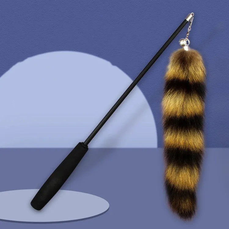 Black cat toy wand with elastic string and feather teaser, 42 cm long