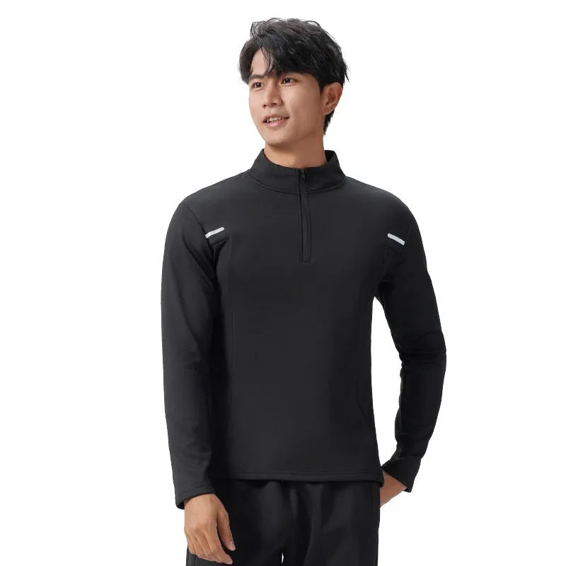Men's half zipper windproof quick-dry polyester training top in black, long sleeve, spring autumn fitness wear
