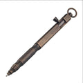 Brass hexagonal bolt tactical pen in natural brass and retro black colours, showing 13cm length.