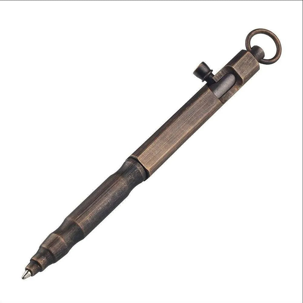 Brass hexagonal bolt tactical pen in natural brass and retro black colours, showing 13cm length.