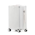 Aluminium frame travel luggage case in avocado green with universal wheels and a USB charging port.