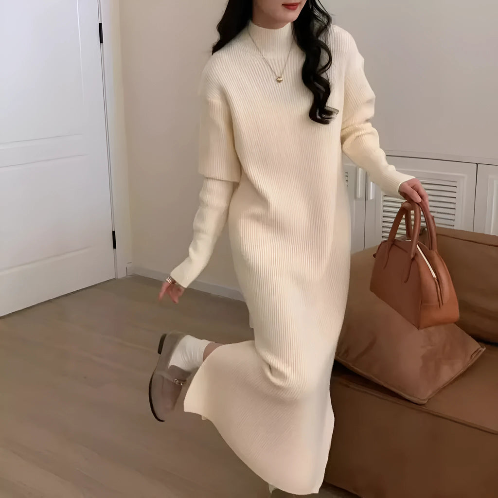 Women's beige half-turtleneck long sleeve knitted dress with a high waist and knee-length skirt.
