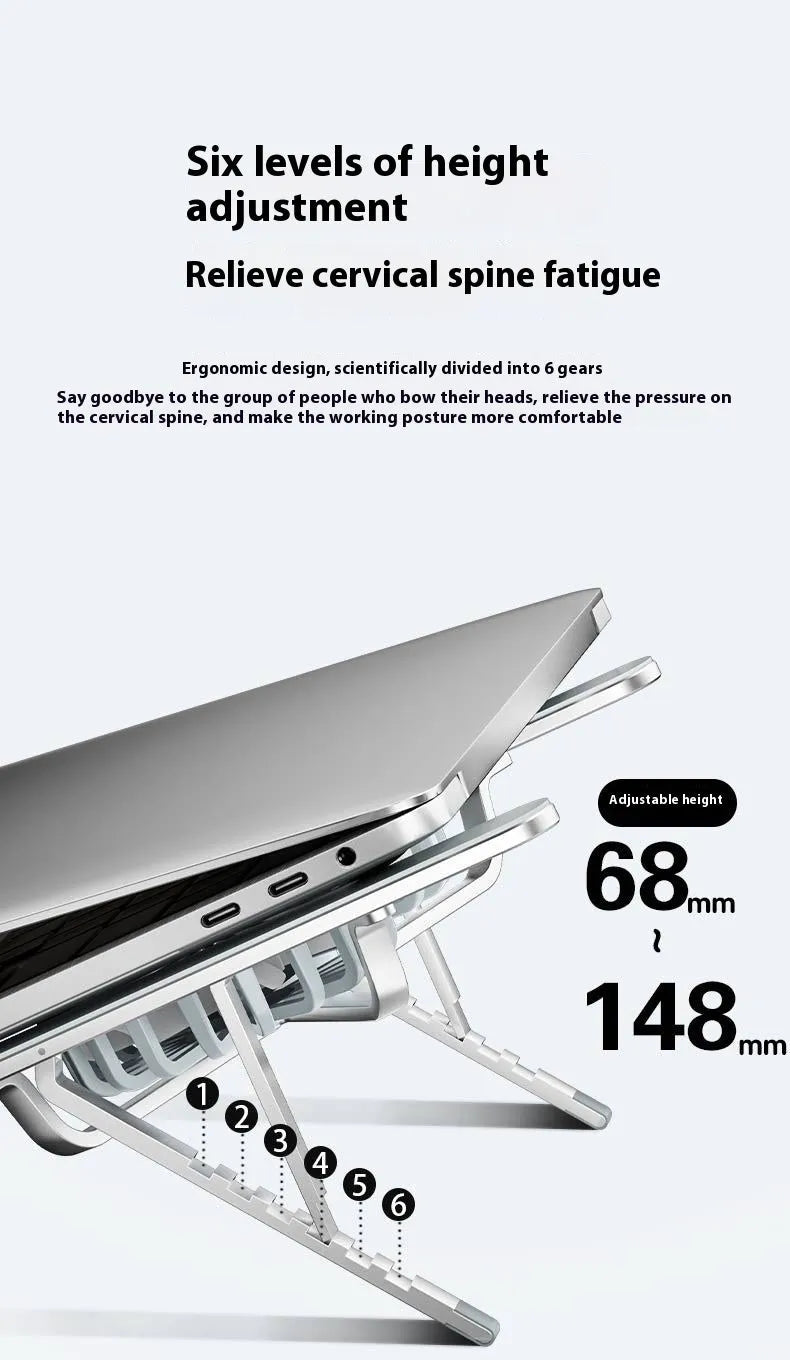 Silver aluminium laptop cooling stand with twin fans and adjustable height mechanism folded for storage