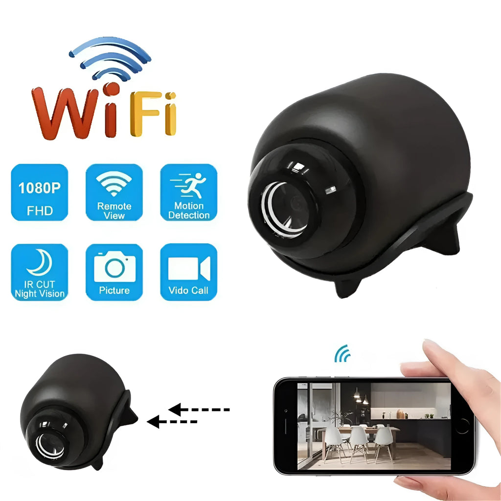 Black plastic portable wireless network surveillance camera with USB cable for indoor monitoring