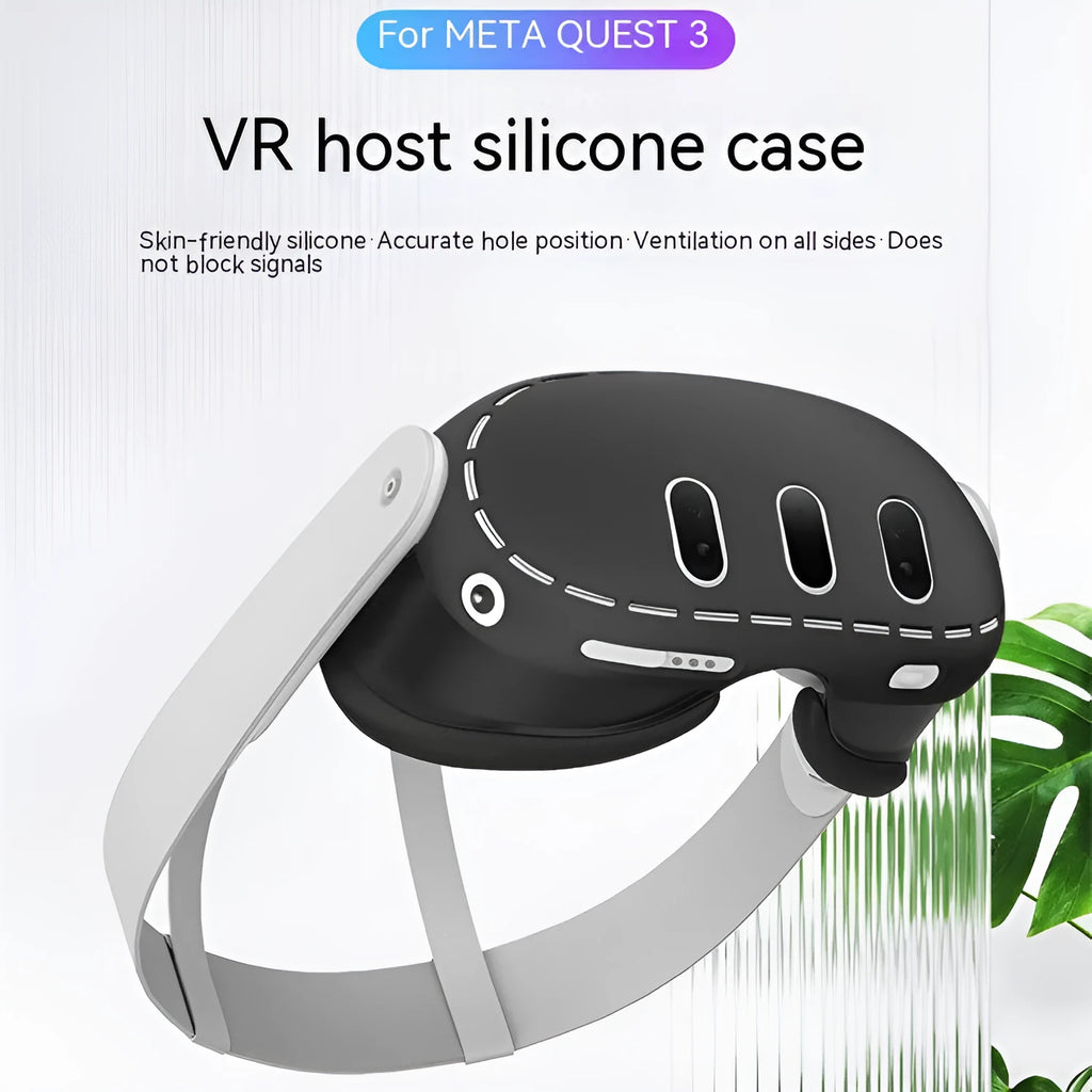 Black silicone protective cover for Oculus Quest 3 VR headset host with clip belt attachment method