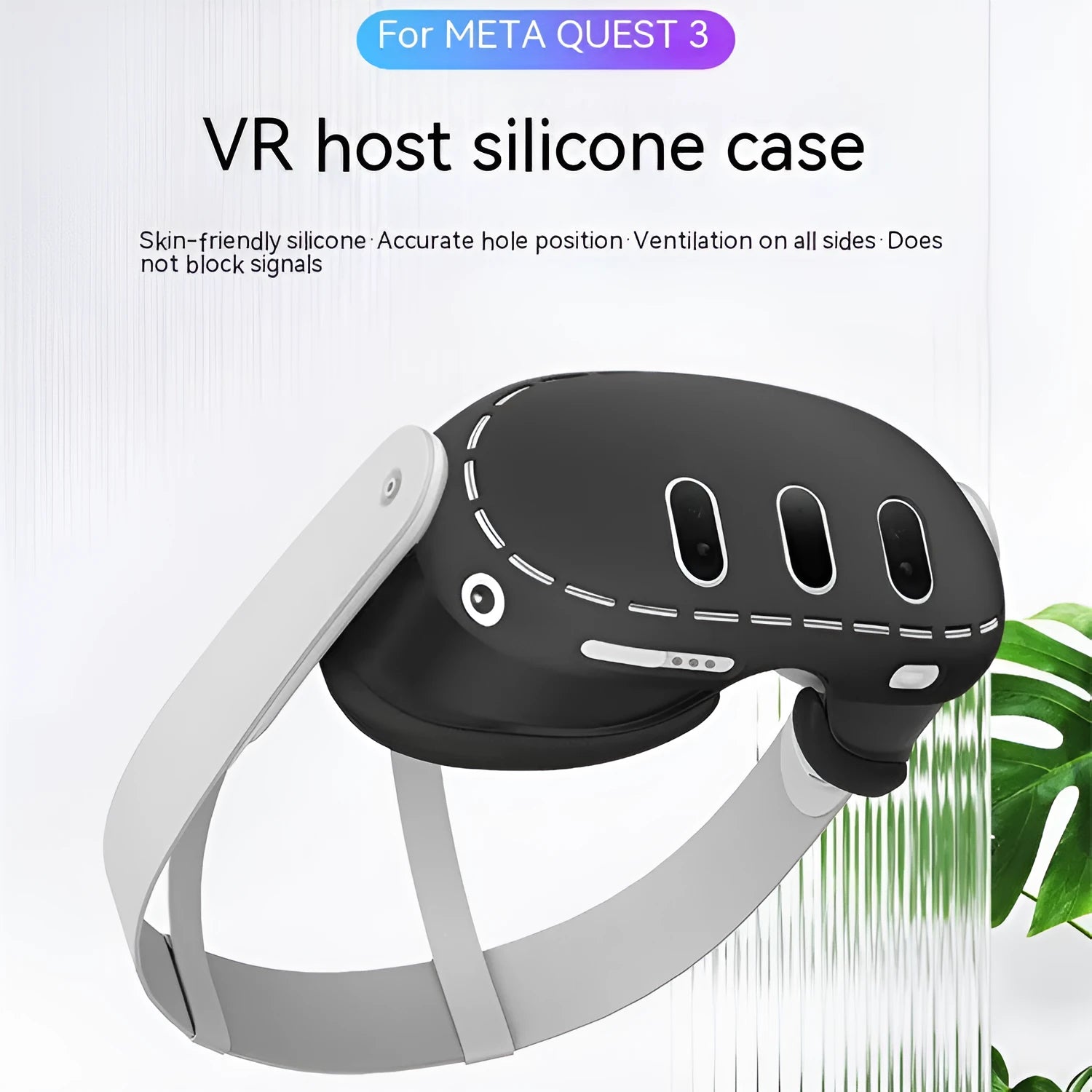 Black silicone protective cover for Oculus Quest 3 VR headset host with clip belt attachment method