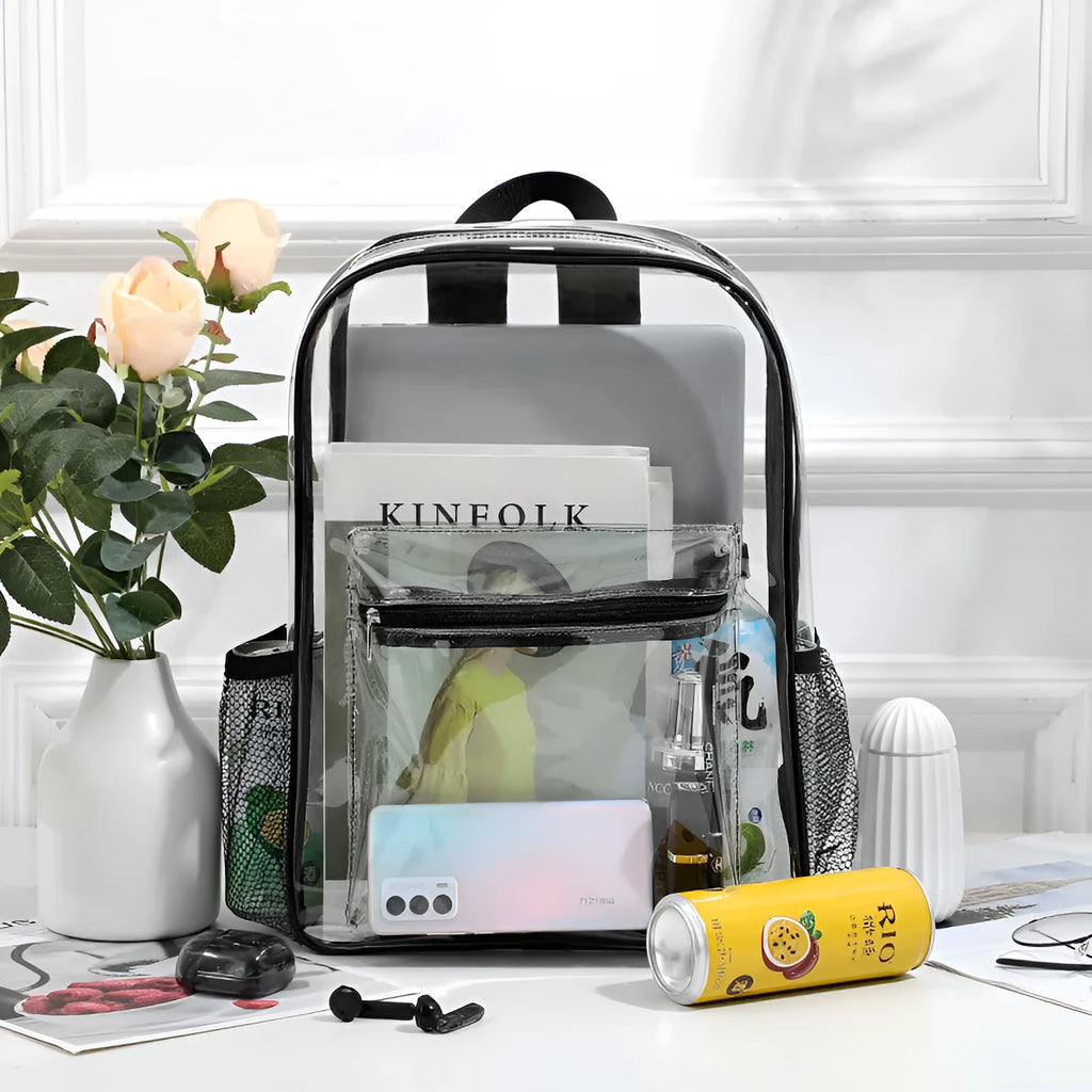 Transparent PVC travel backpack showing contents through clear material in choice of colours