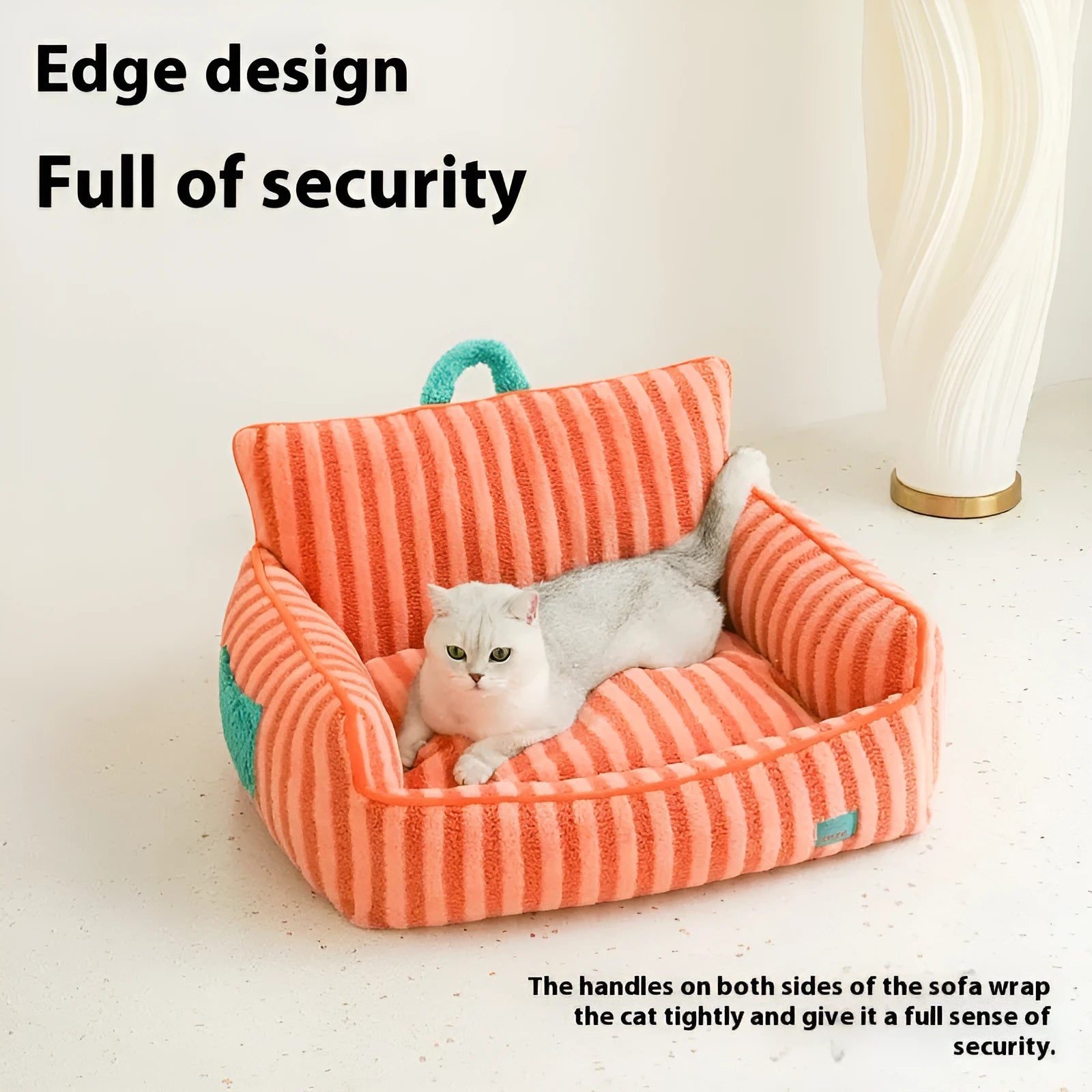 Striped orange soft velvet dog bed with a removable washable cover on a wooden floor.