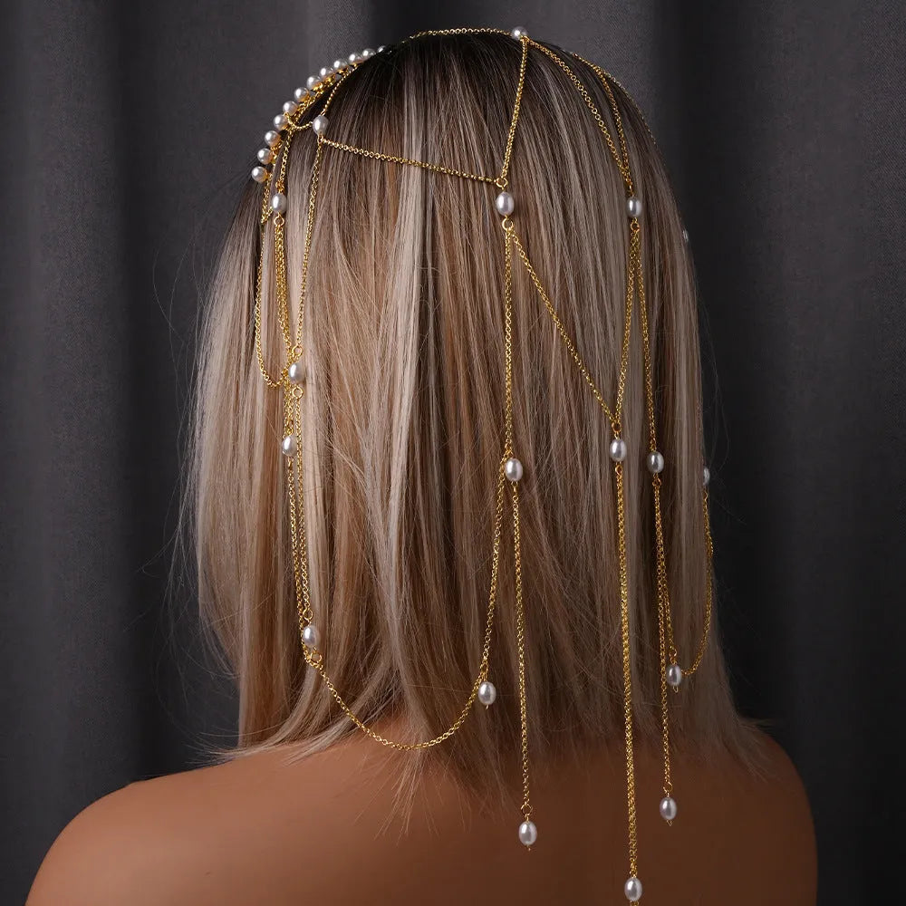 Gold and silver mesh tassel hair chain with pearl construction for women