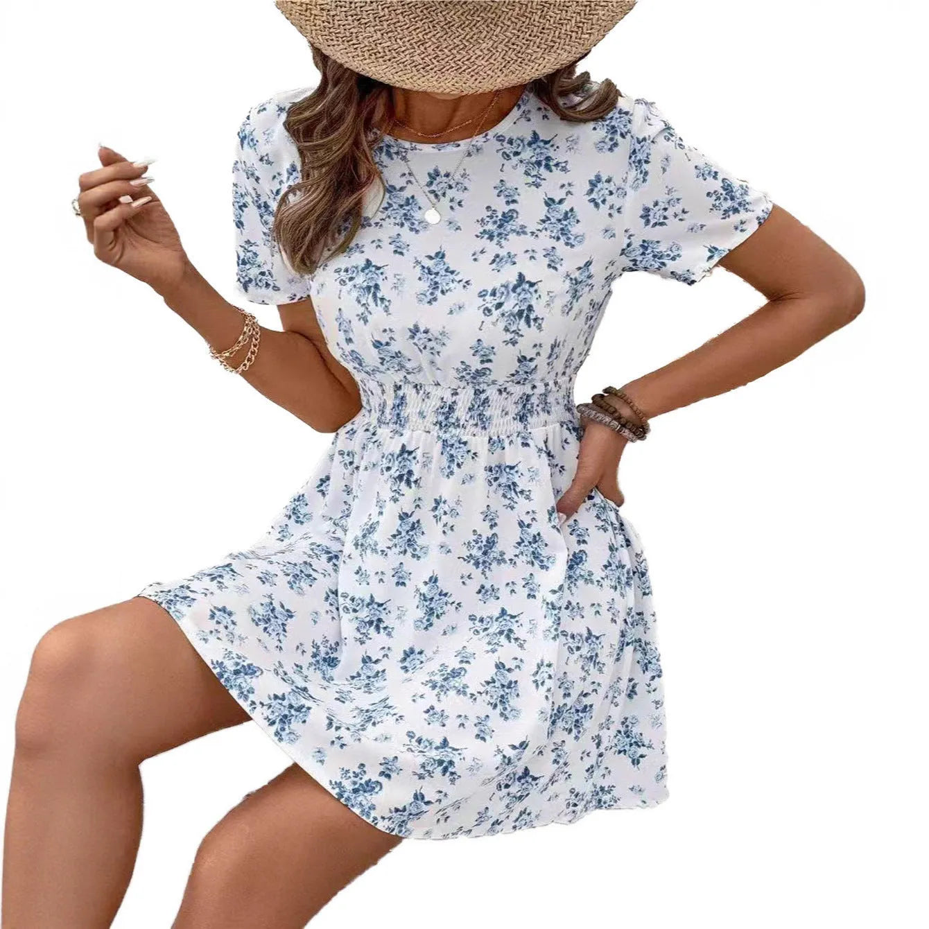 Light blue A-line casual dress with a high waist and fashion print on a model.
