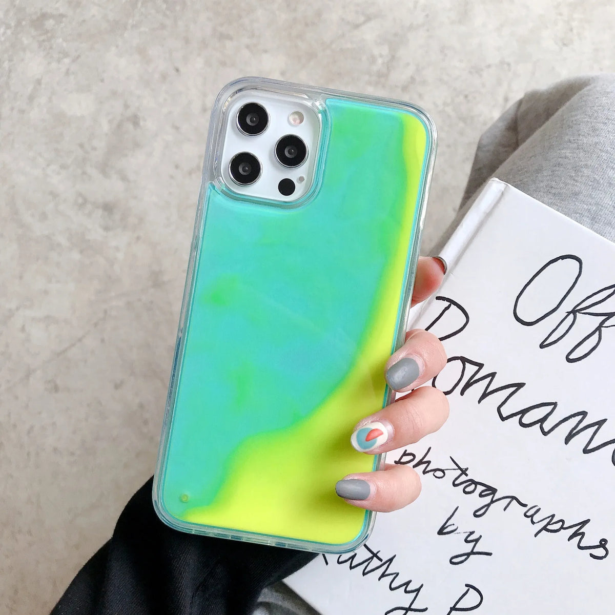 Luminous glitter quicksand iPhone case with TPU rear cover in Green Yellow, Blue White, Orange Yellow, Purple Pink, Black and White