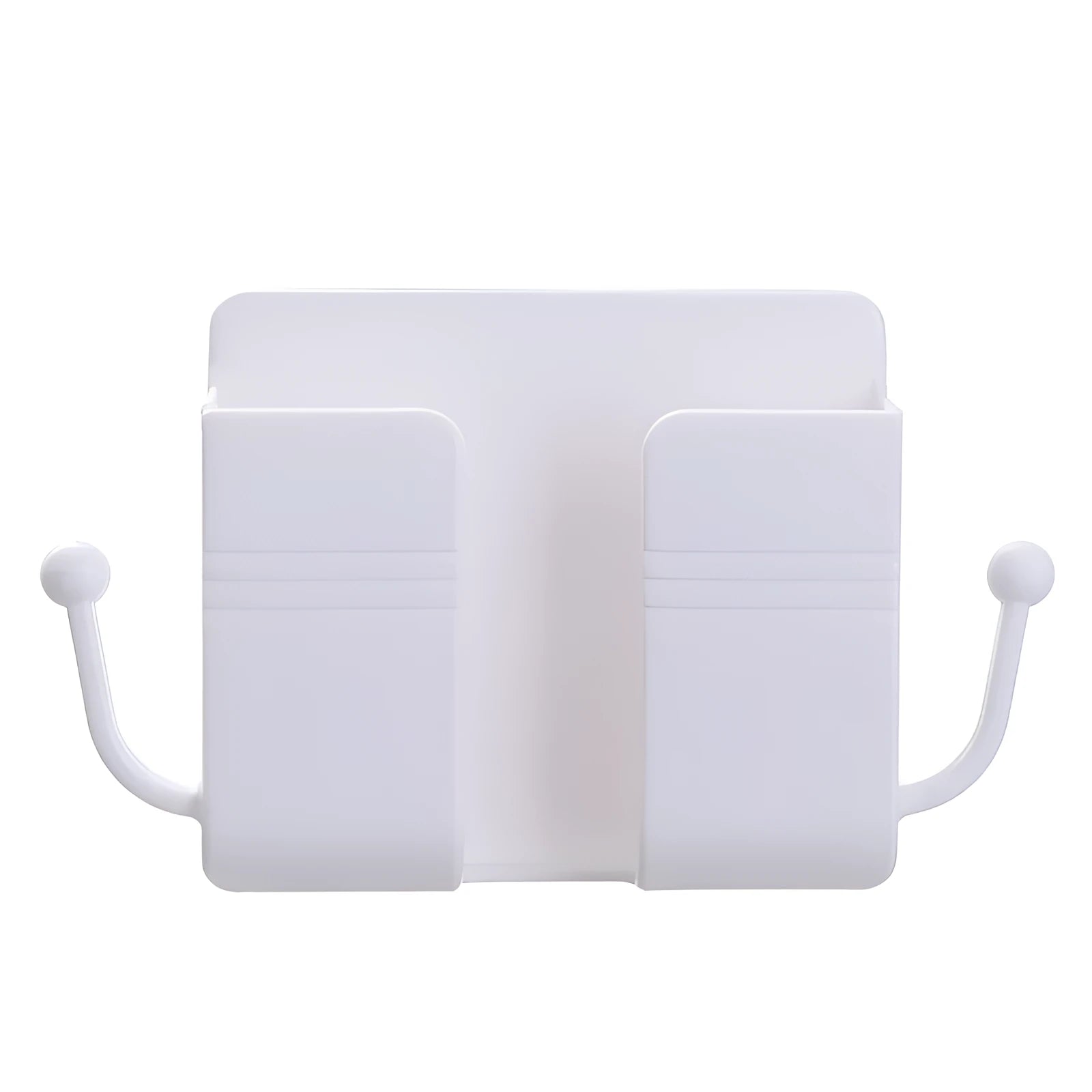 Wall-mounted ABS remote control storage box in white on a wall holding a remote and phone