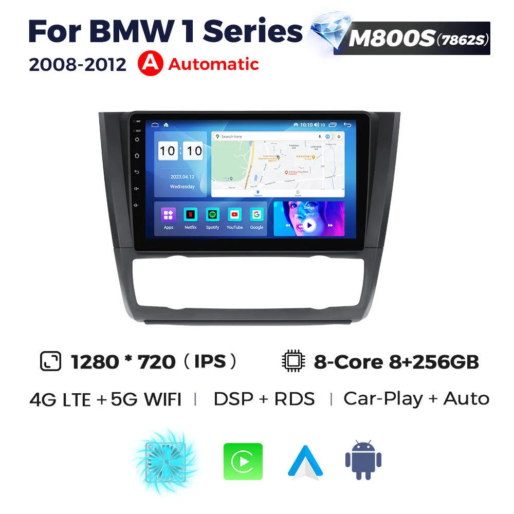 BMW E87 dashboard showing installed 9-inch Android car stereo and navigation touchscreen unit