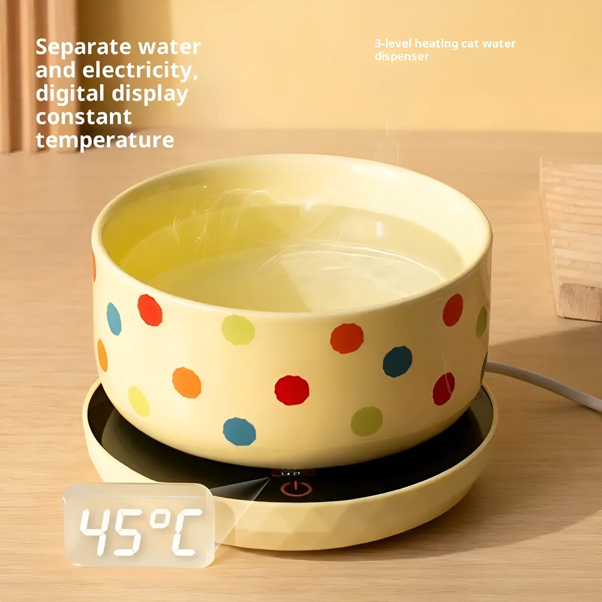 Ceramic cat water bowl with heating mat on white background