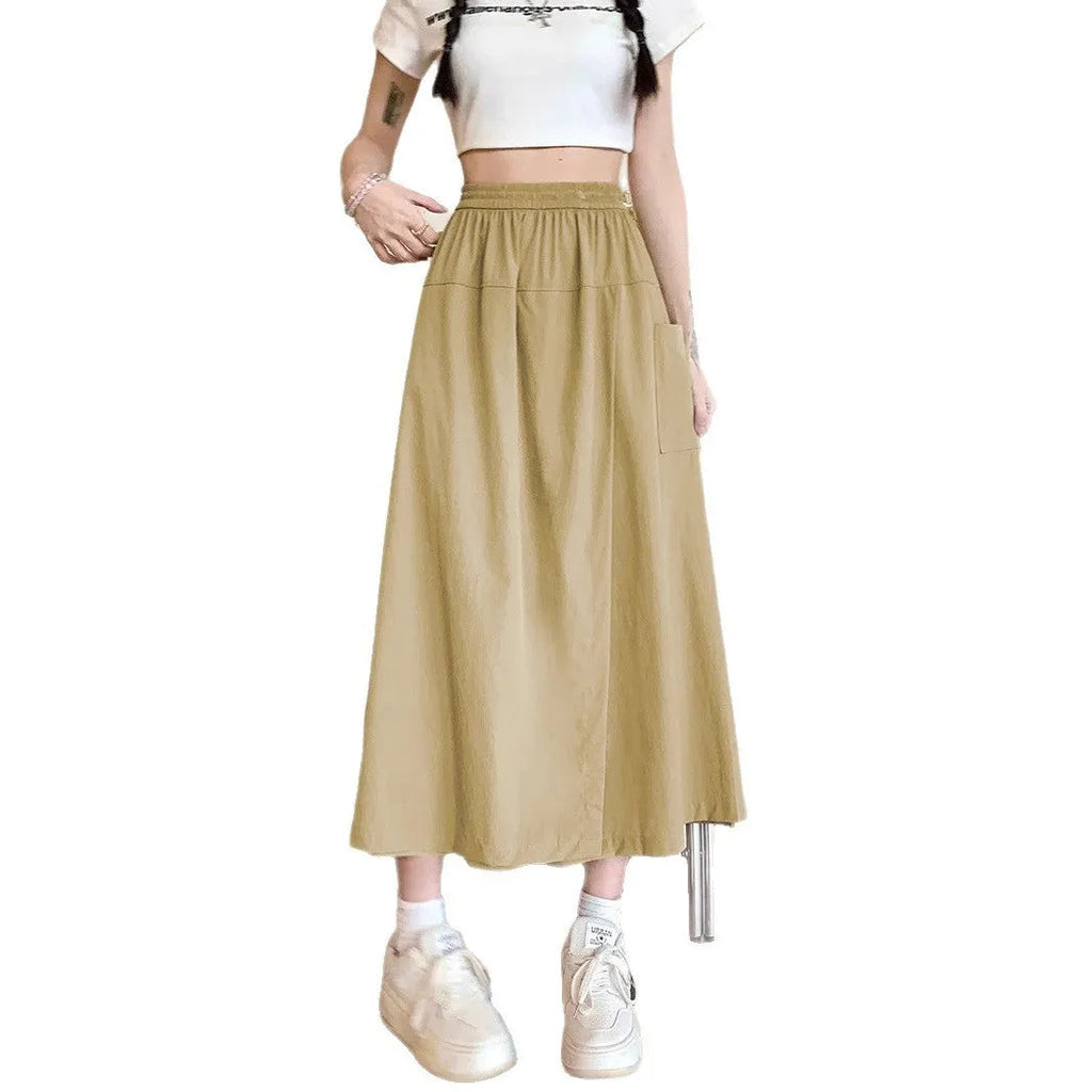 Camel coloured women's cropped wide leg skirt with elastic waist and quilted detailing
