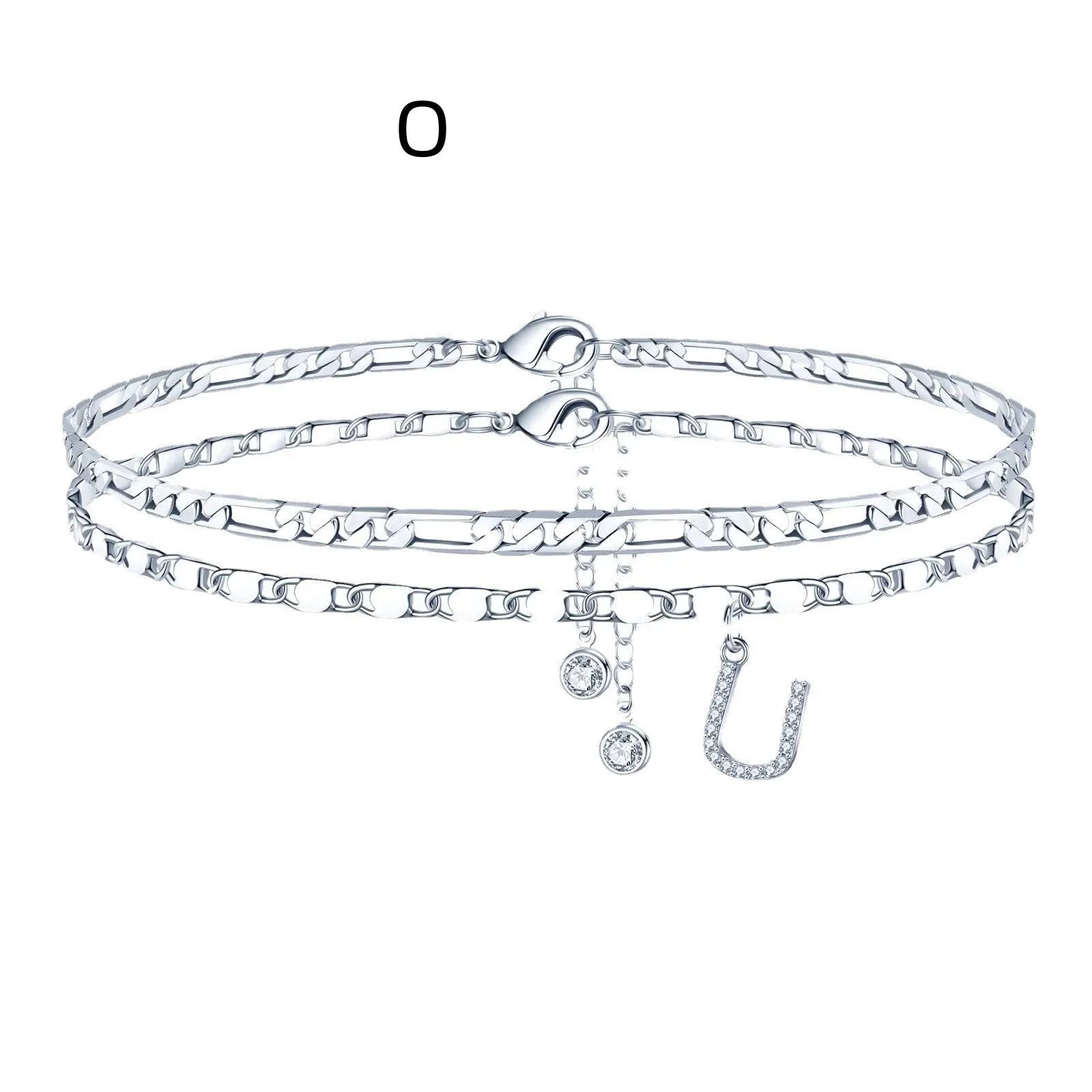 Copper double-circle bead anklet with silver colour finish showing customisable letter styling options