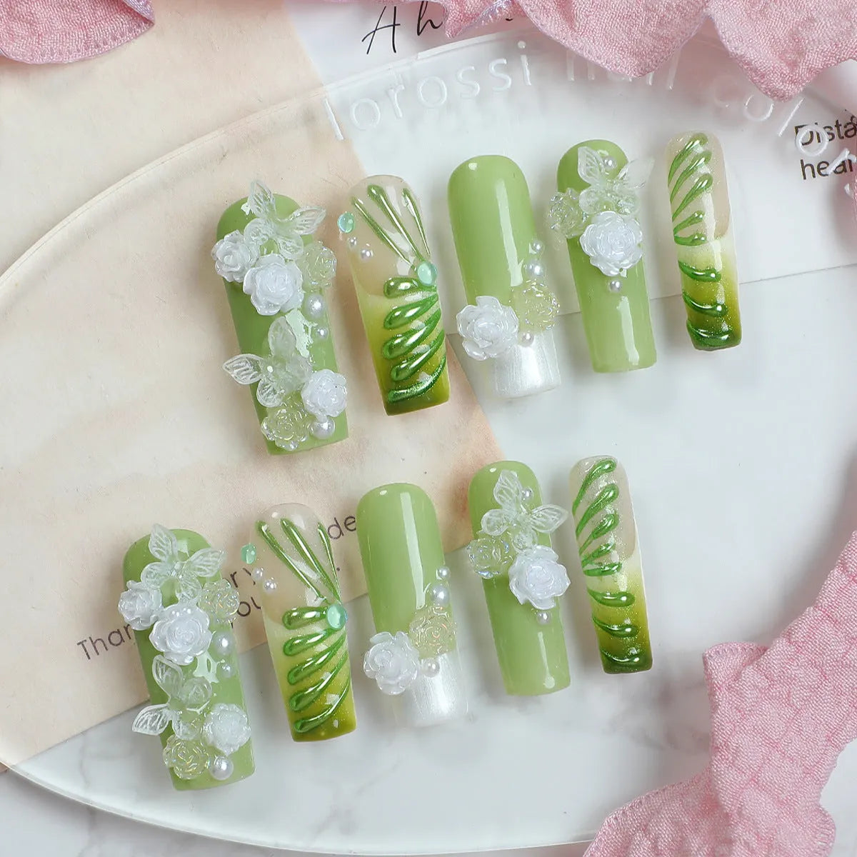 Handmade wearable nail set with heart shape and diamond detail, ten nail stickers, jelly glue and rubbing strips, S M L sizes
